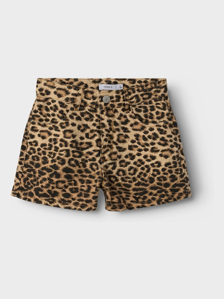 Name It Brown 100% Cotton Leopard Print Denim Shorts - Image 2 of 3