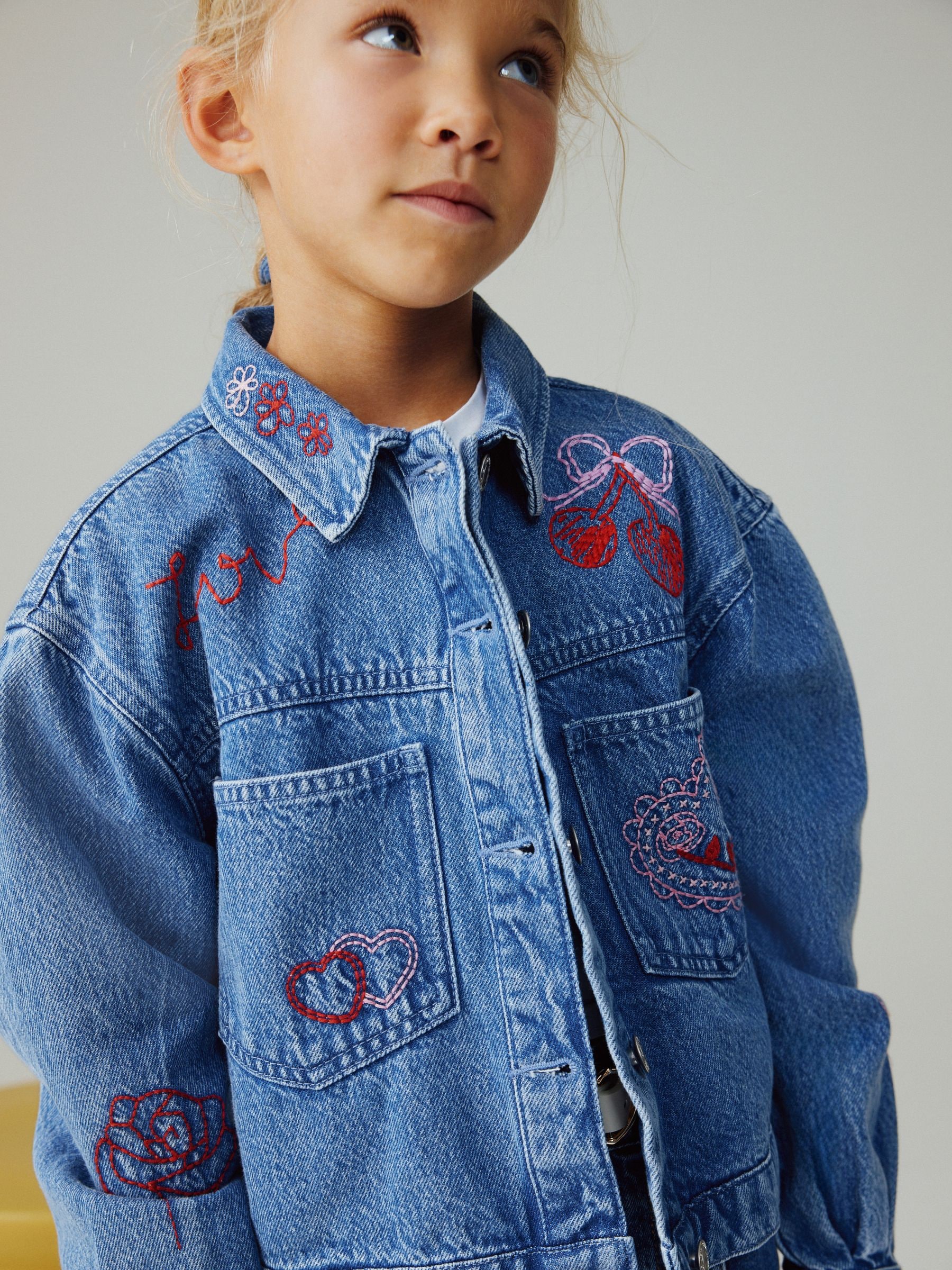 Buy Mid Blue Heart Embroidered Denim Shacket (3-16yrs) from Next