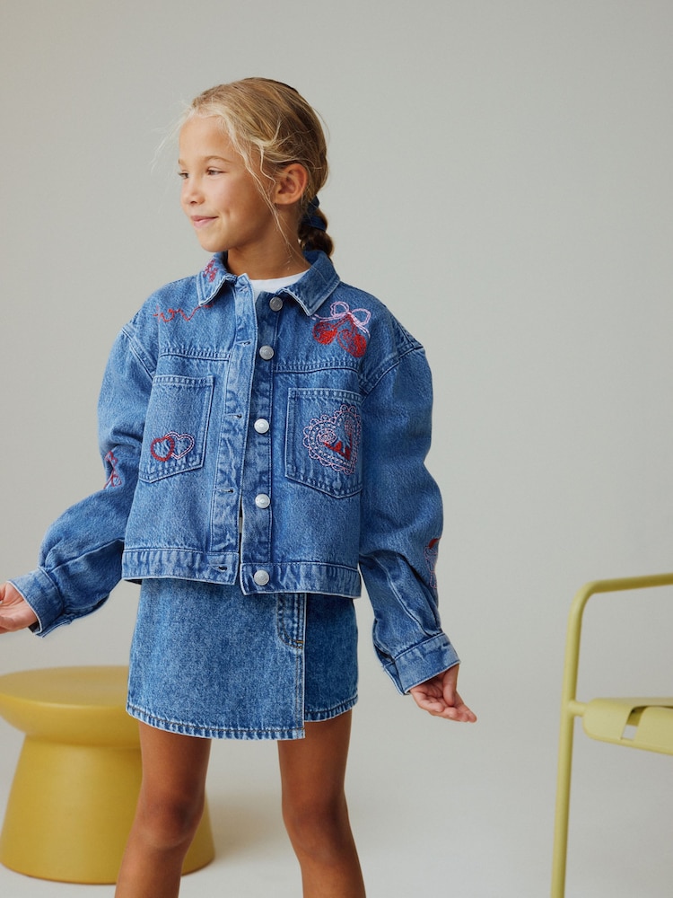 Mid Blue Heart Embroidered Denim Shacket (3-16yrs) - Image 2 of 9