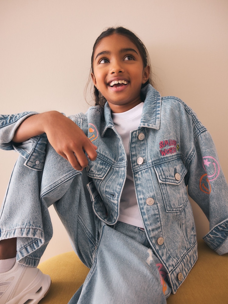 Albastru deschis - Smiley Denim Jacket (3-16yrs) - Imaginea 1 din 5