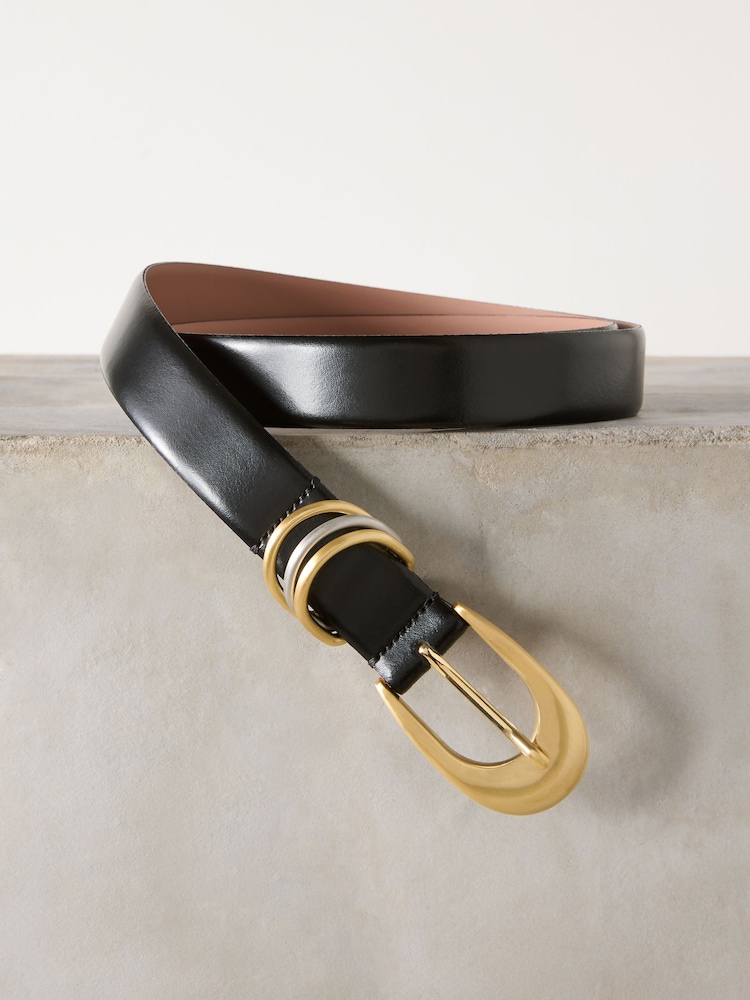 Black Premium Made in Italy Multi Ring Leather Belt - Image 1 of 7 Black Premium Made in Italy Multi Ring Leather Belt - Image 1 of 7