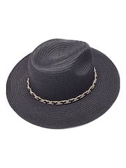 Moda in Pelle Portofino Straw Black Hat With Chain Trim - Image 1 of 3