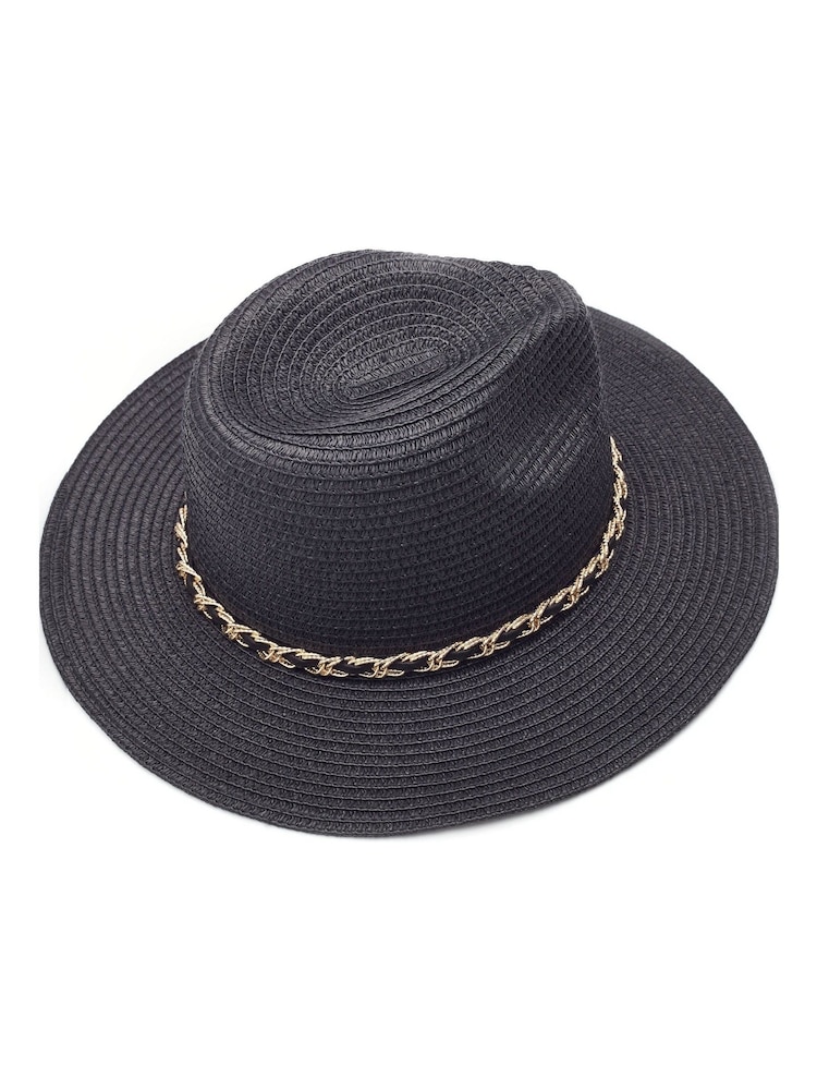 Moda in Pelle Portofino Straw Black Hat With Chain Trim - Image 1 of 3