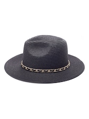 Moda in Pelle Portofino Straw Black Hat With Chain Trim - Image 2 of 3