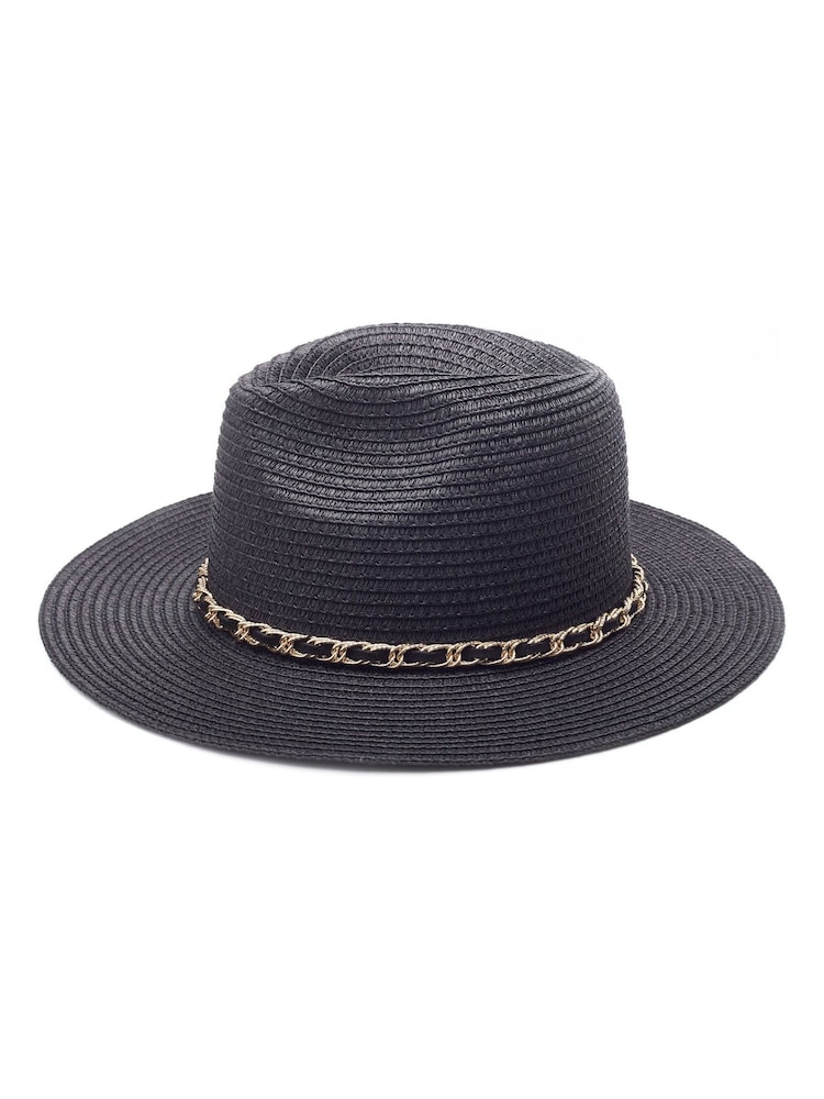 Moda in Pelle Portofino Straw Black Hat With Chain Trim - Image 2 of 3