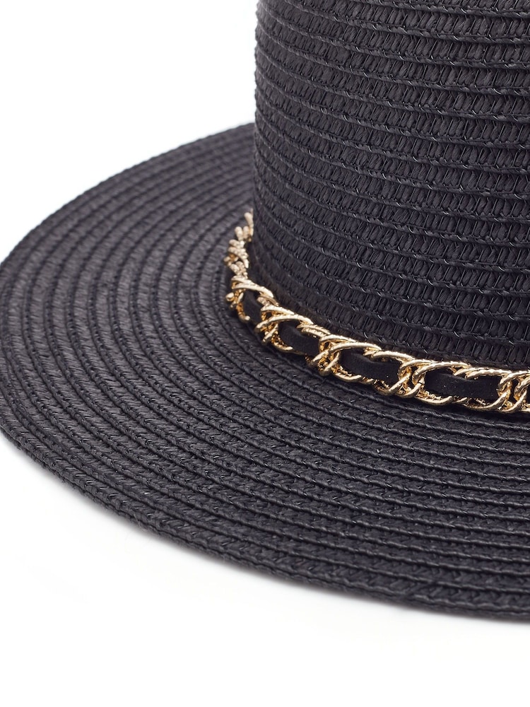 Moda in Pelle Portofino Straw Black Hat With Chain Trim - Image 3 of 3