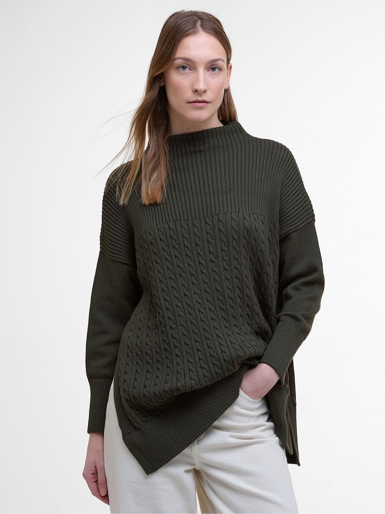 Barbour® Green Guernsey Knitted Cape Jumper - Image 1 of 8 Barbour® Green Guernsey Knitted Cape Jumper - Image 1 of 8