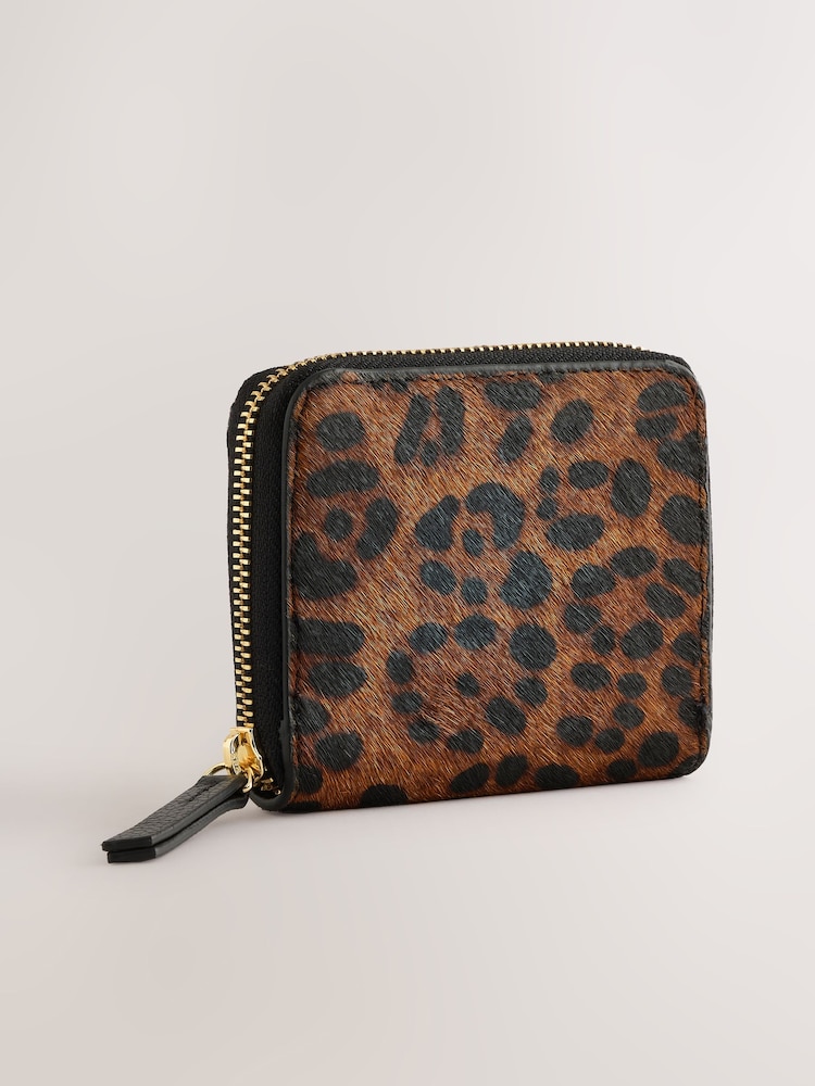 Tan Brown Animal Print Leather Hair On Zip Around Purse - Image 1 of 4