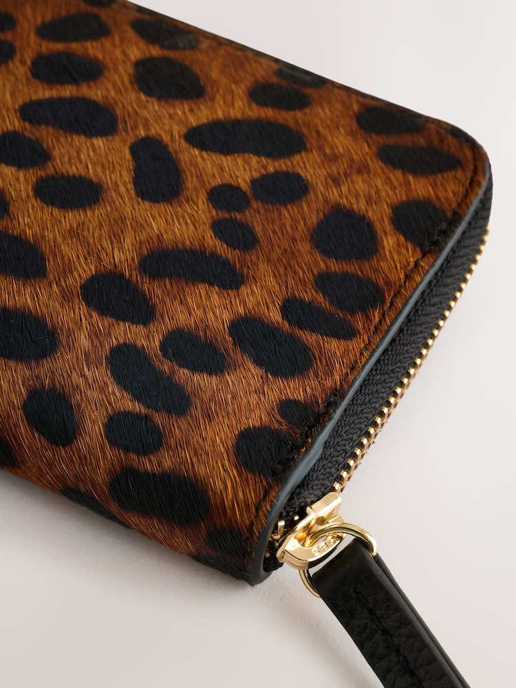 Tan Brown Animal Print Leather Hair On Zip Around Purse - Image 4 of 4