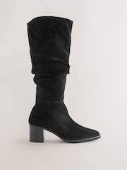 Black Suede Forever Comfort® Slouchy Knee High Block Heeled Boots - Image 1 of 5