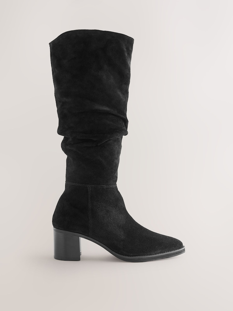 Black Suede Forever Comfort® Slouchy Knee High Block Heeled Boots - Image 1 of 5