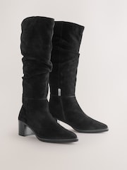 Black Suede Forever Comfort® Slouchy Knee High Block Heeled Boots - Image 2 of 5