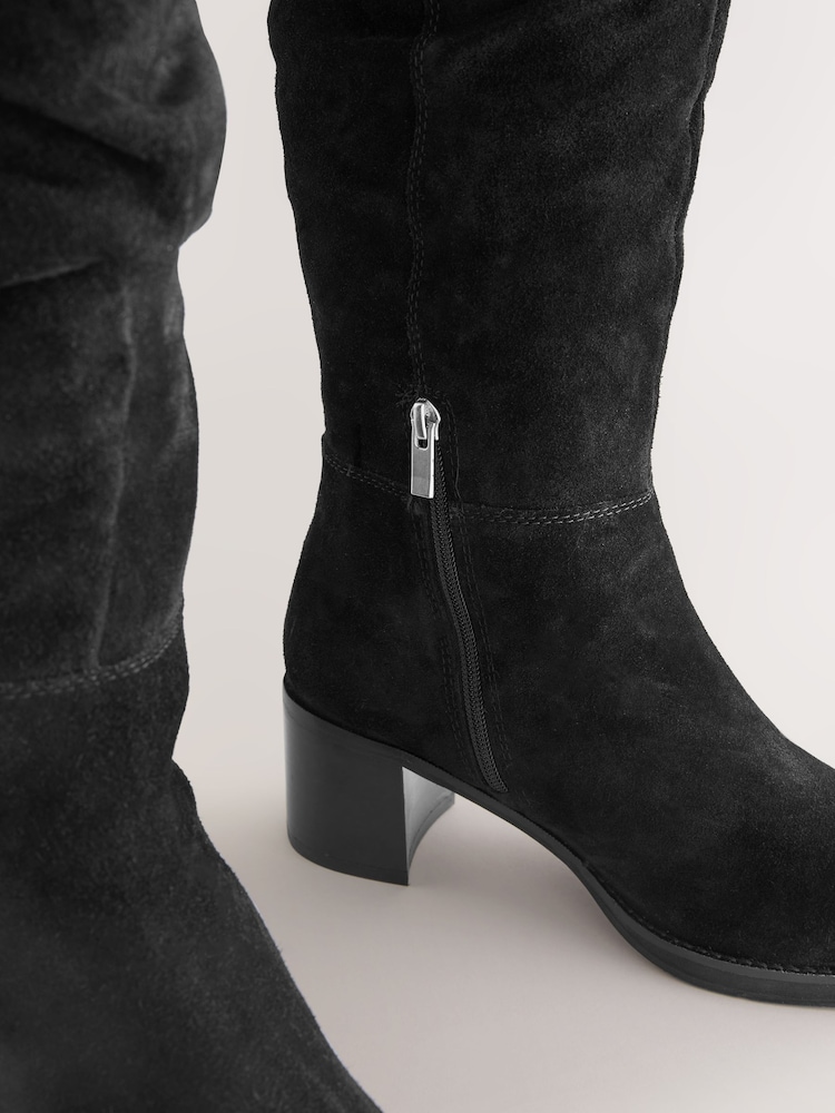 Black Suede Forever Comfort® Slouchy Knee High Block Heeled Boots - Image 5 of 5