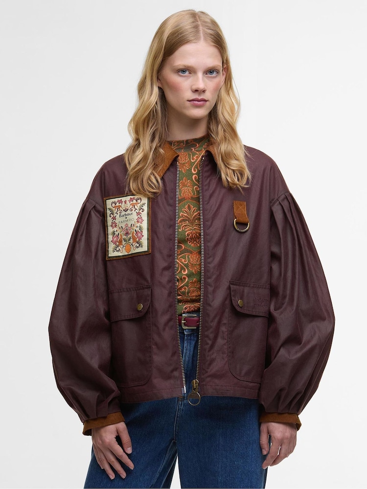 Barbour x Farm Rio Wine Thais Wax Bow Jacket - Image 1 of 8 Barbour x Farm Rio Wine Thais Wax Bow Jacket - Image 1 of 8