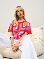 Pink Pattern Short Sleeve Crochet Crew Neck T-Shirt - Image 1 of 6