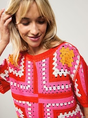 Pink Pattern Short Sleeve Crochet Crew Neck T-Shirt - Image 2 of 6