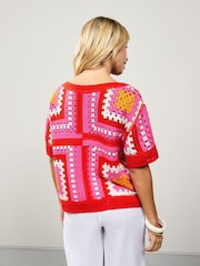 Pink Pattern Short Sleeve Crochet Crew Neck T-Shirt - Image 3 of 6