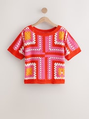 Pink Pattern Short Sleeve Crochet Crew Neck T-Shirt - Image 4 of 6