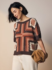 Brown Chocolate Pattern Short Sleeve Crochet Crew Neck T-Shirt - Image 1 of 6