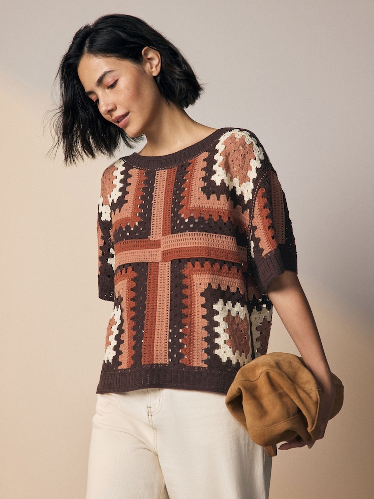 Brown Chocolate Pattern Short Sleeve Crochet Crew Neck T-Shirt - Image 1 of 6
