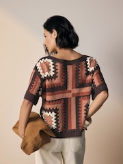 Brown Chocolate Pattern Short Sleeve Crochet Crew Neck T-Shirt - Image 2 of 6