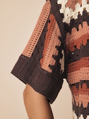 Brown Chocolate Pattern Short Sleeve Crochet Crew Neck T-Shirt - Image 3 of 6