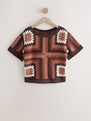 Brown Chocolate Pattern Short Sleeve Crochet Crew Neck T-Shirt - Image 4 of 6