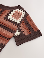 Brown Chocolate Pattern Short Sleeve Crochet Crew Neck T-Shirt - Image 6 of 6