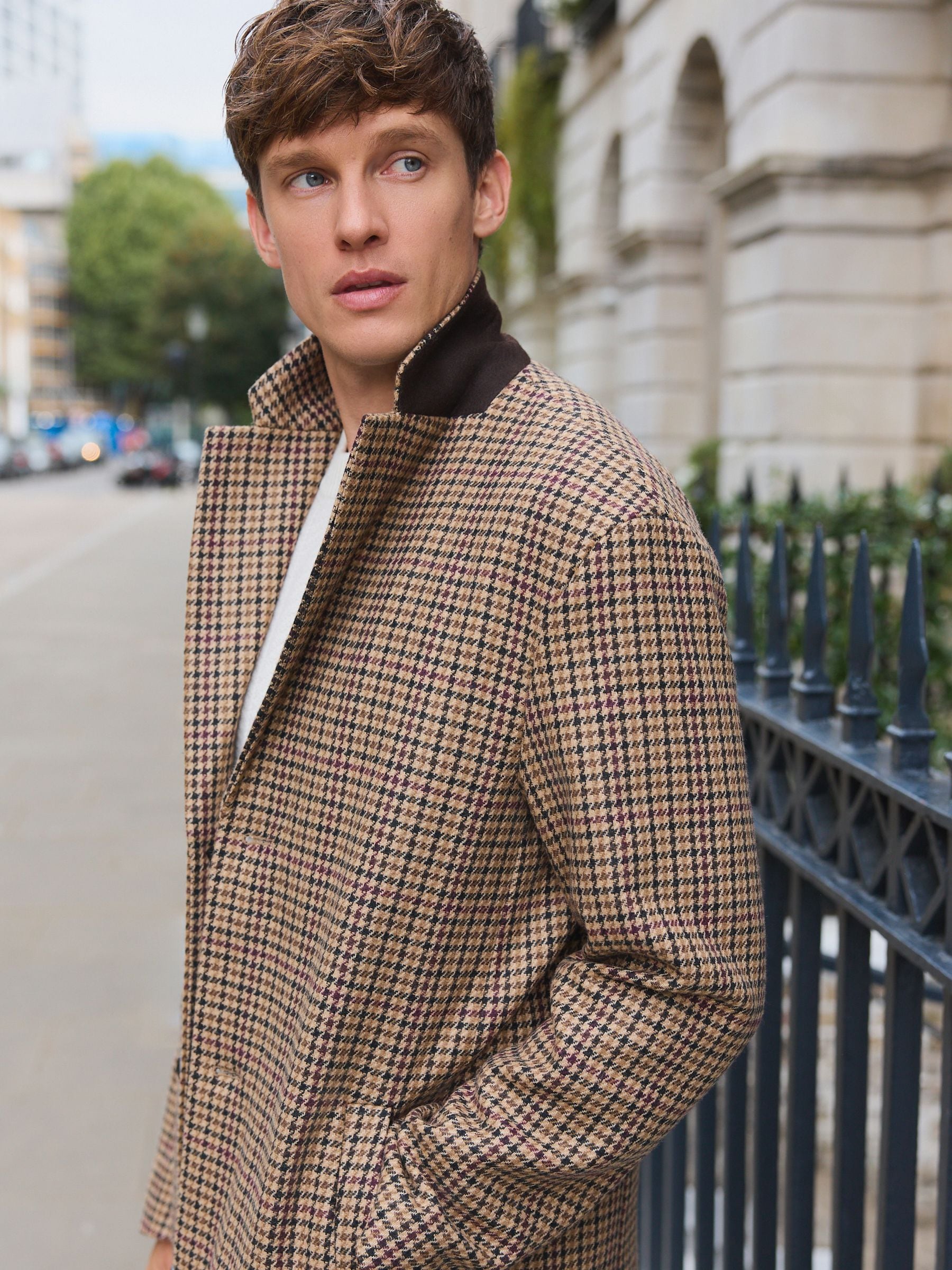 Buy Neutral Wool Rich Italian Fabric Dogtooth Check Epsom Coat