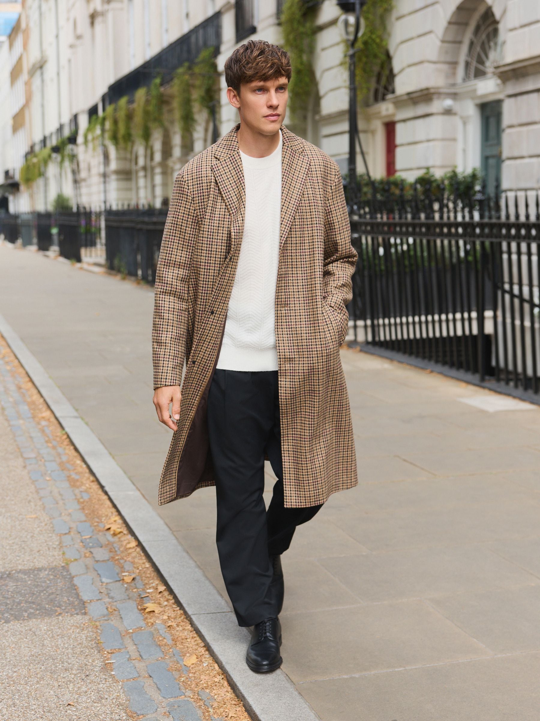 Buy Neutral Wool Rich Italian Fabric Dogtooth Check Epsom Coat