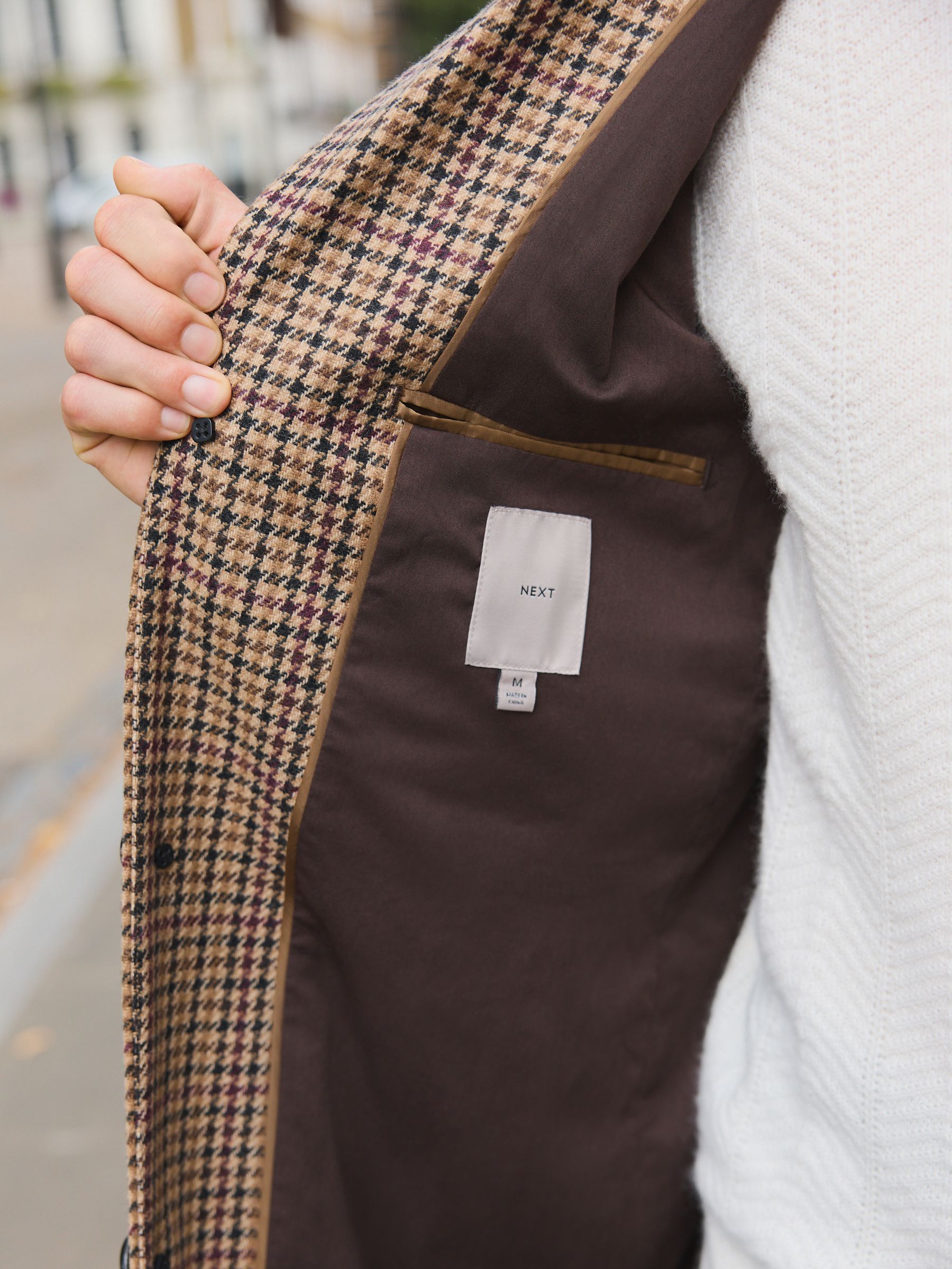 Buy Neutral Wool Rich Italian Fabric Dogtooth Check Epsom Coat