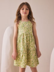 Light Green Flower Print Strappy Crinkle Summer Dress (3-16yrs) - Image 1 of 5