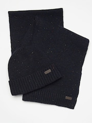 Barbour® Navy Carlton Fleck Beanie Hat & Scarf Gift Box Set - Image 1 of 7