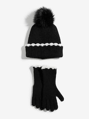 Love & Roses Black Scallop Trim Ribbed Pom Hat and Gloves Set - Image 3 of 5