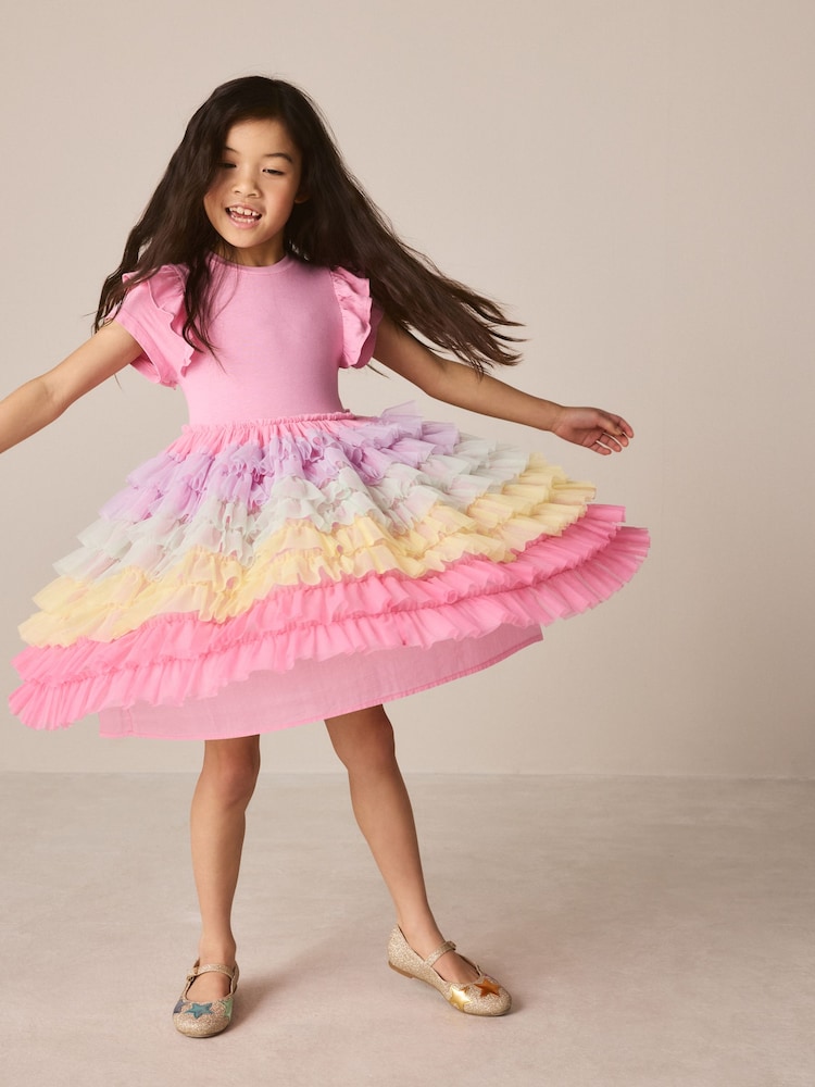 Little Bird by Jools Oliver Light Pink Frill Sleeve Rainbow Tulle Party Tutu Dress - Image 1 of 7 Little Bird by Jools Oliver Light Pink Frill Sleeve Rainbow Tulle Party Tutu Dress - Image 1 of 7