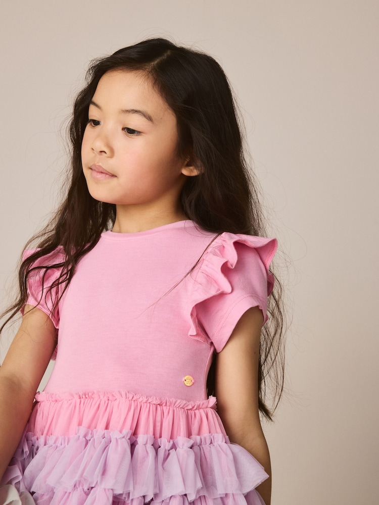 Little Bird by Jools Oliver Light Pink Frill Sleeve Rainbow Tulle Party Tutu Dress - Image 2 of 7 Little Bird by Jools Oliver Light Pink Frill Sleeve Rainbow Tulle Party Tutu Dress - Image 2 of 7