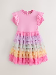 Little Bird by Jools Oliver Light Pink Frill Sleeve Rainbow Tulle Party Tutu Dress - Image 7 of 7