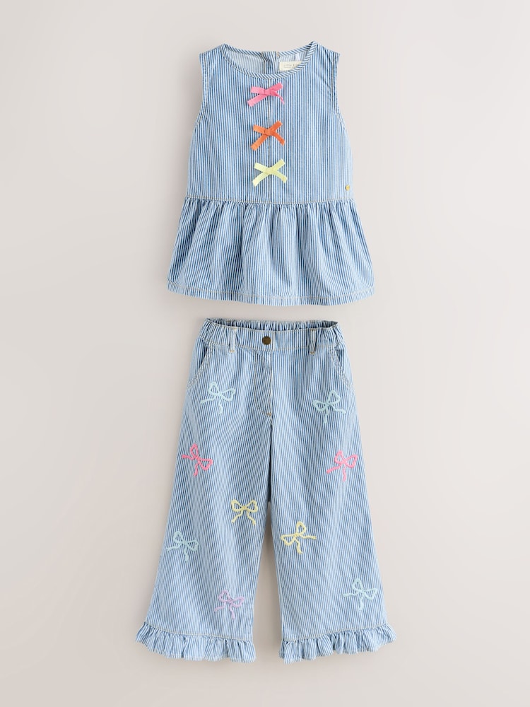 Little Bird by Jools Oliver Rainbow Embroidery Pinstripe Denim Top& Trouser Set - Image 1 of 8