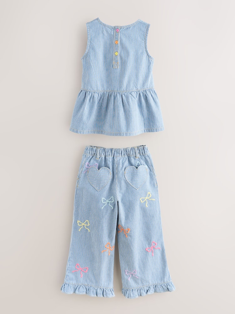 Little Bird by Jools Oliver Rainbow Embroidery Pinstripe Denim Top& Trouser Set - Image 2 of 8