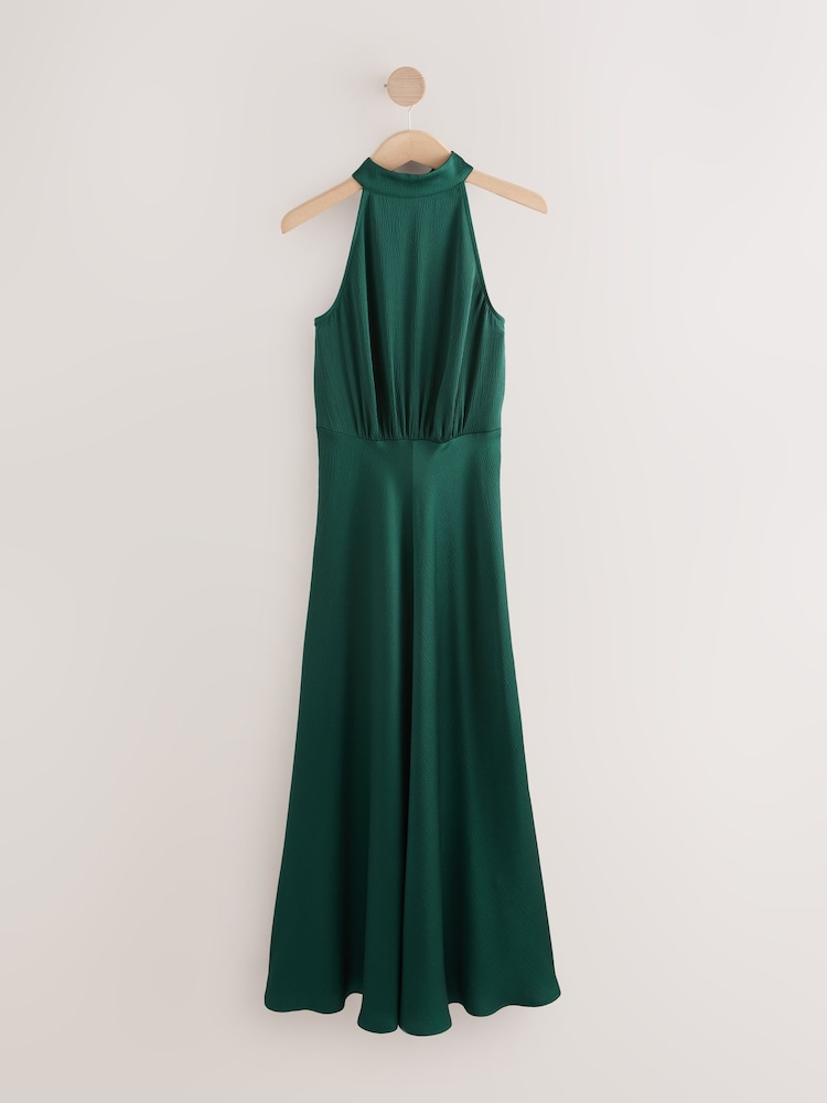 Emerald Green Textured Satin Halter Sleeveless Midi Dress - Image 1 of 3
