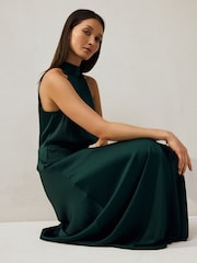 Verde esmeralda - Textured Satin Halter Sleeveless Midi Dress - Imagen 4 de 8