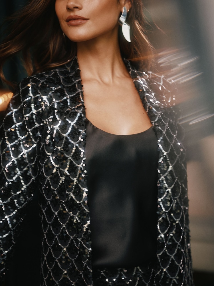 Lipsy Black Scallop Sequin Print Relaxed Blazer - Image 2 of 4