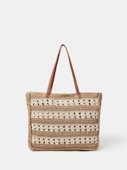 Accessorize Natural Stripe Woven Raffia Tote Bag - Image 1 of 2