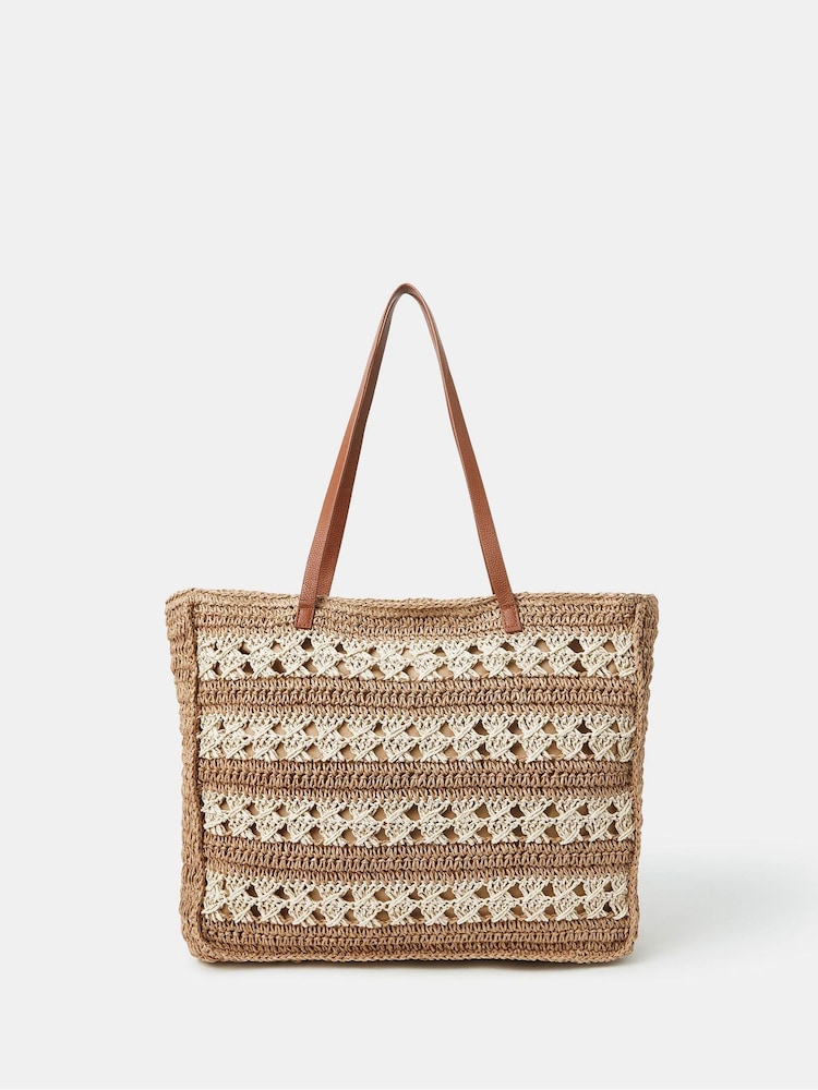 Accessorize Natural Stripe Woven Raffia Tote Bag - Image 1 of 2