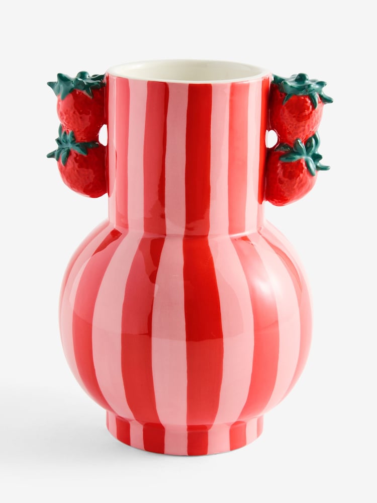 Red/Pink Striped Ceramic Vase with Strawberry Detail Handles - Image 1 of 1