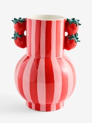 Red/Pink Striped Ceramic Vase with Strawberry Detail Handles - Image 3 of 3