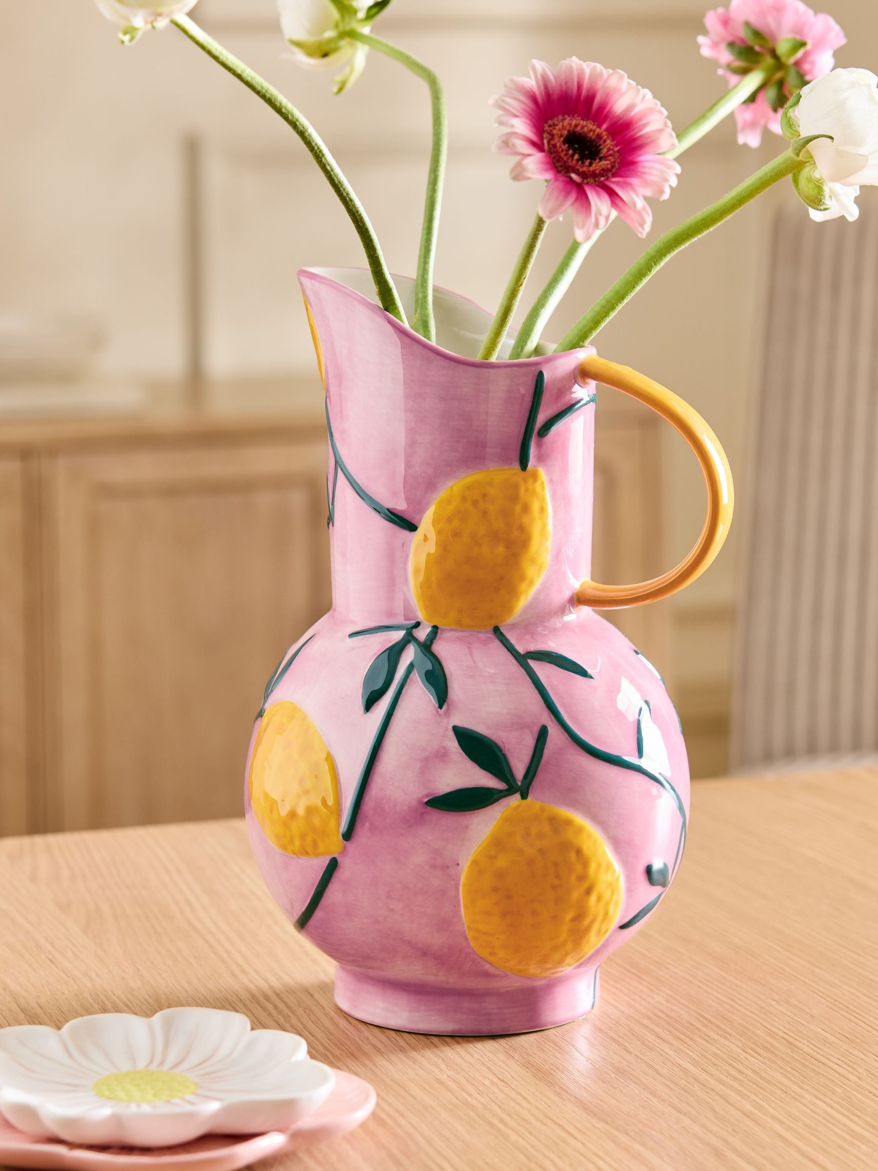 Buy Pink/Yellow Handpaint Lemons Ceramic Jug Vase from the Next UK
