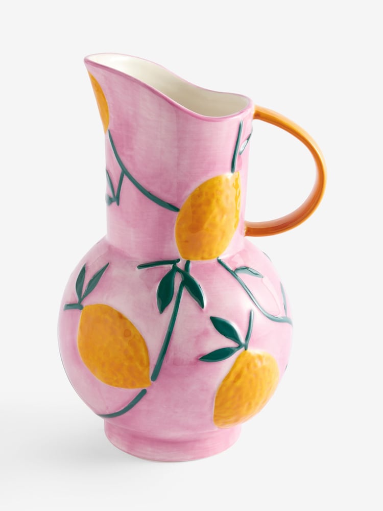 Pink/Yellow Handpaint Lemons Ceramic Jug Vase - Image 1 of 1 Pink/Yellow Handpaint Lemons Ceramic Jug Vase - Image 1 of 1