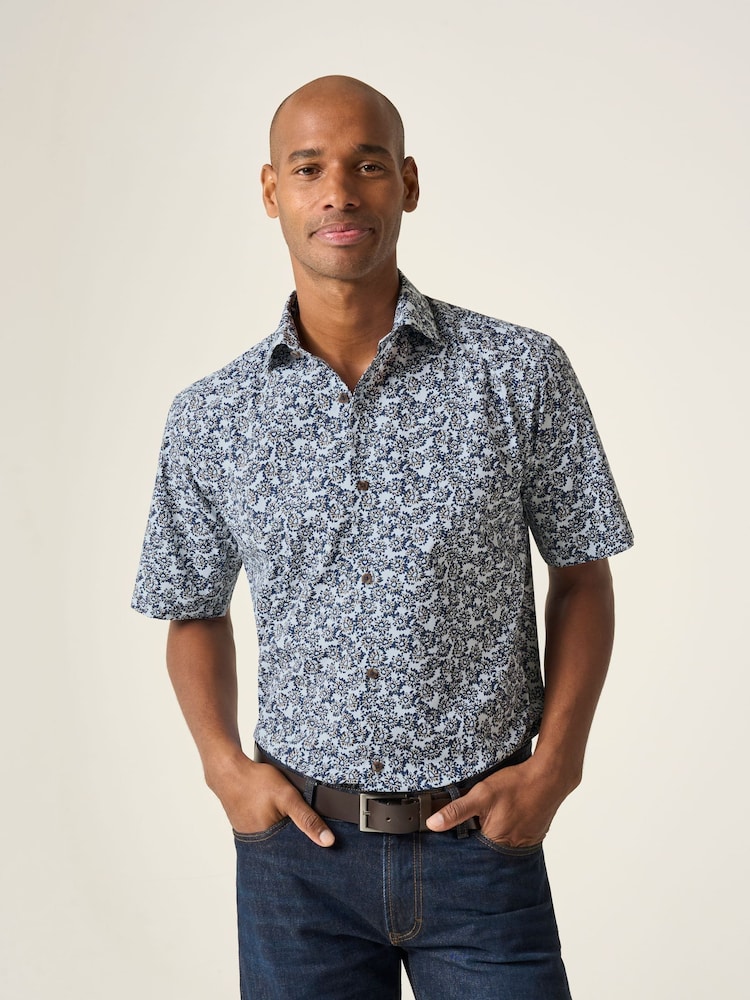 Skopes Blue Floral Print 100% Cotton Short Sleeve Regular Fit Shirt - Image 1 of 5