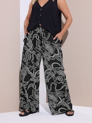 Yours Curve Black Shell Print Wide Leg Trousers - Image 1 of 5